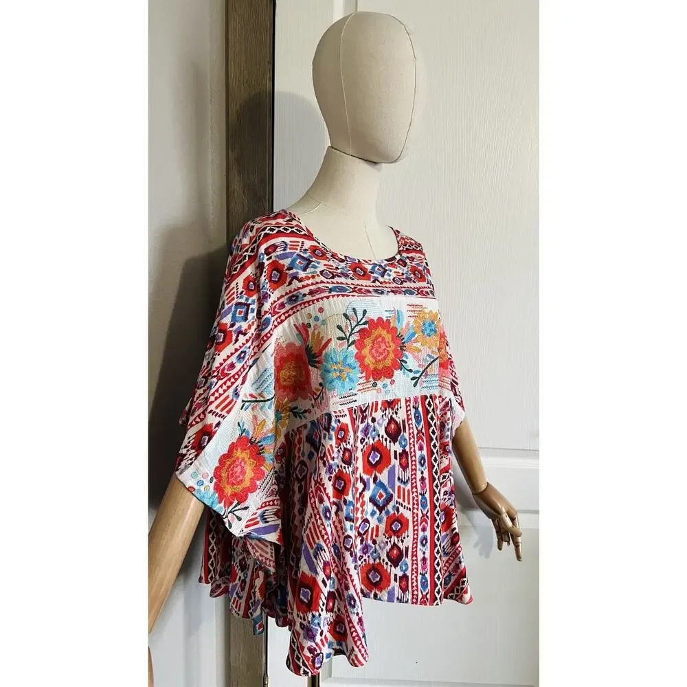 SAVANNA JANE Women's Floral Embroidered Poncho Tunic Top Red Blue Size M/L - Picture 9 of 16